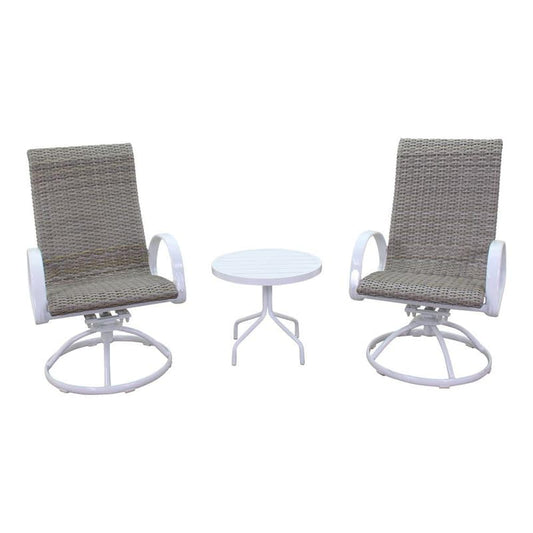 Santa Fe 3-Piece Aluminum Patio Conversation Set in White with 2 Wicker Swivel Rockers and 1 Round 20End Table