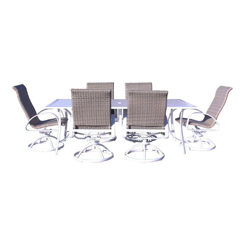 Santa Fe 7-Piece Aluminum Outdoor Dining Set in White with 72 in. Rectangle Table and 6 Wicker Swivel Rockers