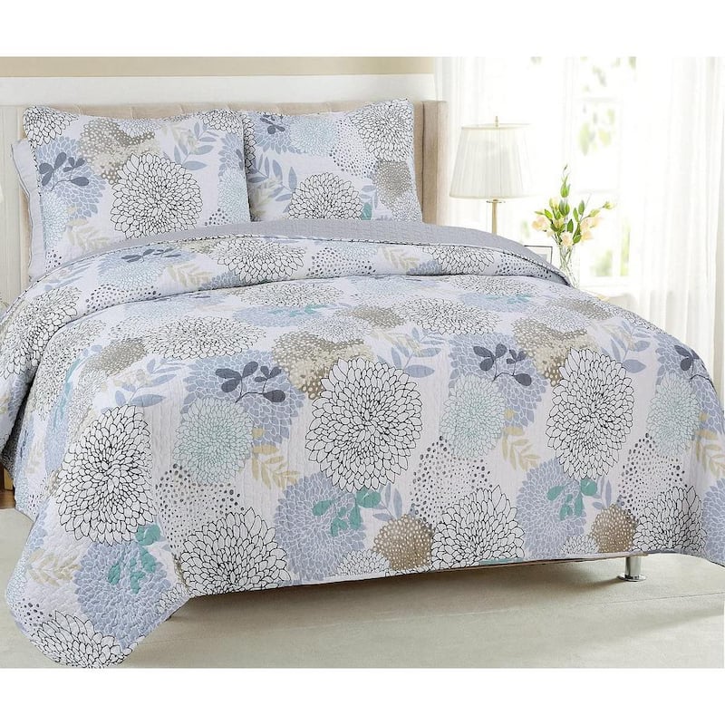 Dahlia Flower Garden Blooms 3-Piece Grey Aqua Blue Taupe Floral Cotton Queen Quilt Bedding Set