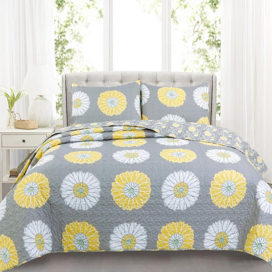 Chamomile Daisy Sunflower Floral 3-Piece Yellow White Gray Polyester Cotton King Quilt Bedding Set