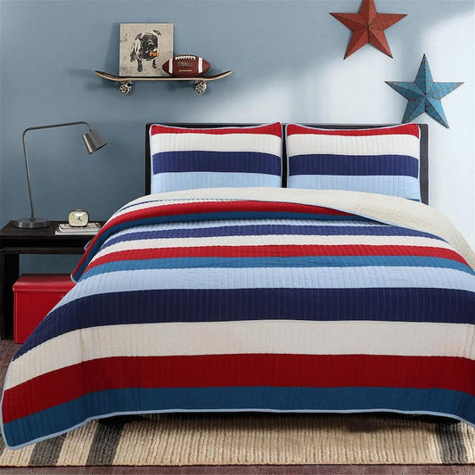 Ressler 3-Piece Navy Red Cotton Striped Queen Quilt Set