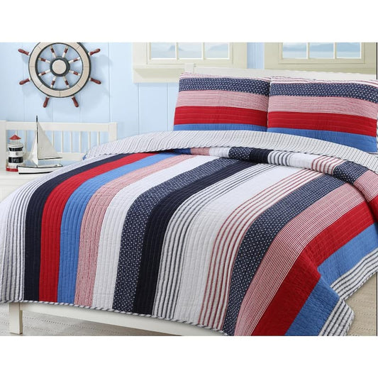 Patriotic Stripe 2-Piece Red White Navy Blue Cotton Twin Quilt Bedding Set