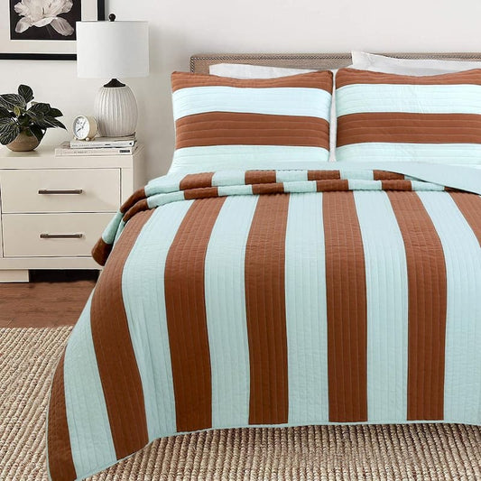 Mint Chocolate Stripped 3-Piece Light Mint Green Burnt Sienna Brown Cotton King Quilt Bedding Set