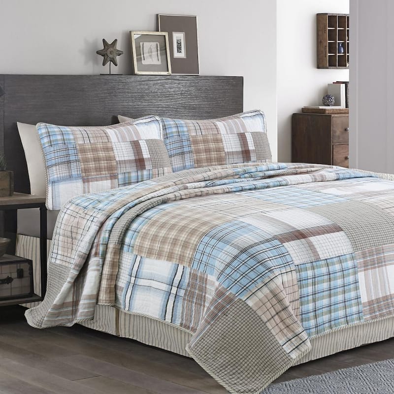 Baby Blues GQ Tartan Plaid Square Patchwork 3-Piece Blue Brown Beige White Cotton Queen Quilt Bedding Set