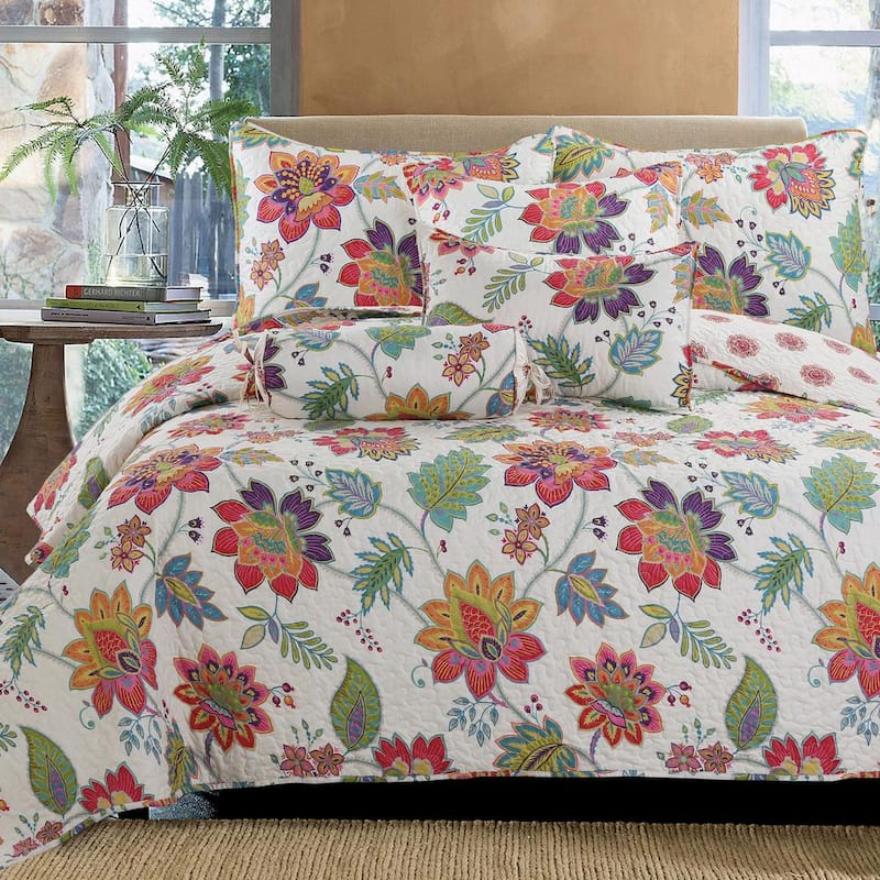 Floral Rainbow Gypsy Blooms 3-Piece Multi-Color Pink Purple Blue Green Orange Chintz Poly Cotton King Quilt Bedding Set