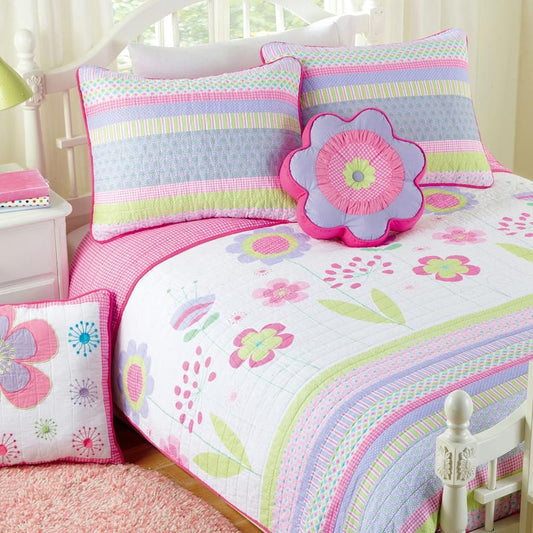 Spring Floral Stripe Polka Dot Flower Garden 3-Piece Purple Pink Green White Cotton Queen Quilt Bedding Set