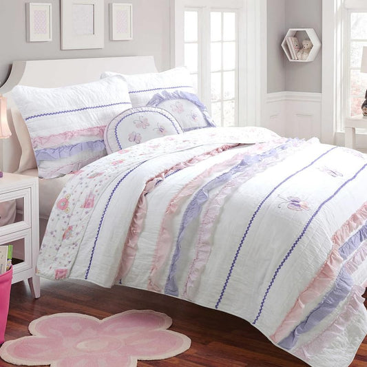 Butterfly Princess Ruffle Stripe Applique 2-Piece Pink White Purple Cotton Twin Quilt Bedding Set