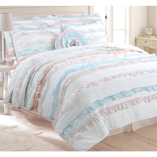 Dainty Spring Floral Pastel Ruffle Bloomer Pink Blue Peach Cotton Twin Quilt Bedding Set with 1-Decor Throw Pillow