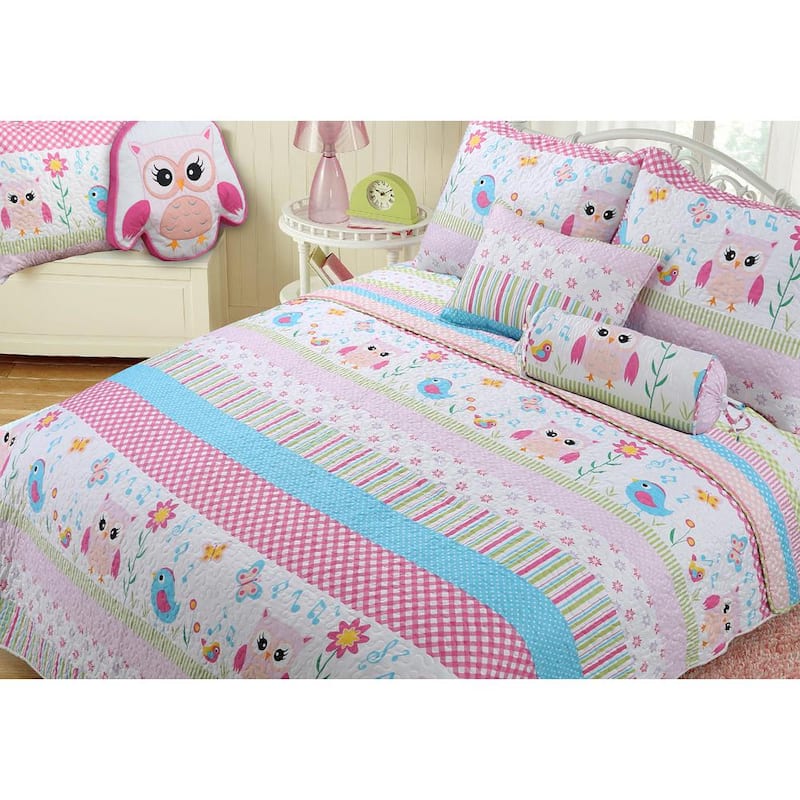 Spring Time Fun Birds Owl Floral Heart Dot 3-Piece Multi-Color Pink Blue Green Stripe Polyester Queen Quilt Bedding Set