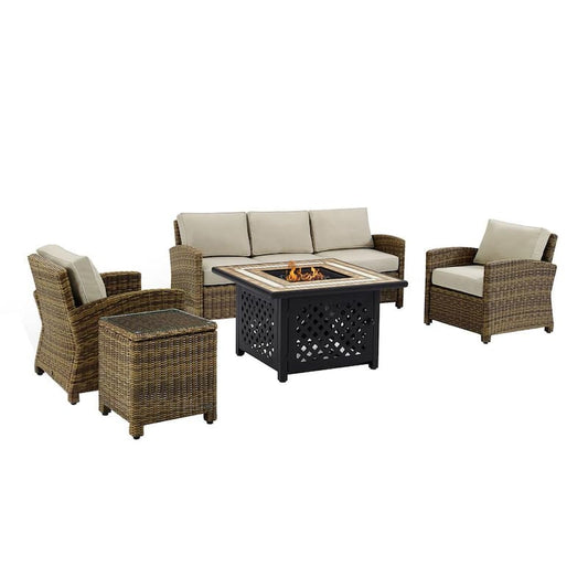 Bradenton 5-Piece Wicker Patio Fire Pit Set Conversation Set with Sand Cushions