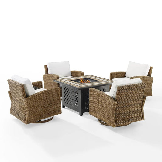 Bradenton Weathered Brown 5-Piece Wicker Patio Fire Set with White Sunbrella Cushions