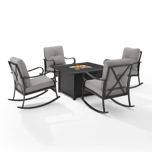 Dahlia Matte Black 5-Piece Metal Patio Fire Pit Set with Taupe Cushions