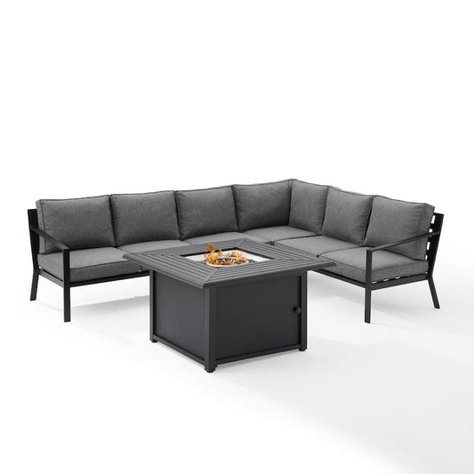 Clark Matte Black 5-Piece Metal Patio Fire Pit Set with Charcoal Cushions