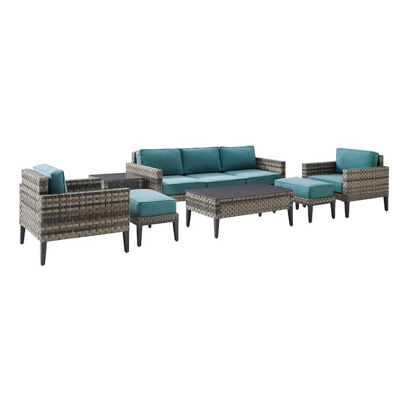 Prescott Brown 7-Piece Wicker Patio Conversation Set with Marine Blue Cushions