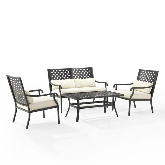 Alistair Black 4-Piece Metal Patio Conversation Set with Creme Cushions