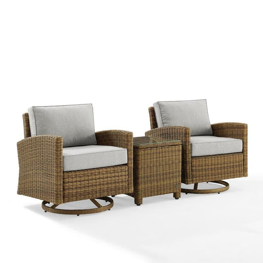 Bradenton Weathered Brown 3-Piece Wicker Patio Conversation with Gray Cushions