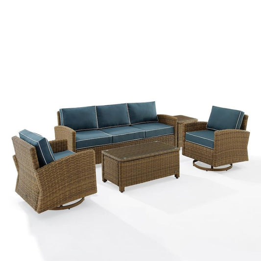 Bradenton Weathered Brown 5-Piece Wicker Patio Conversation Set with Navy Cushions