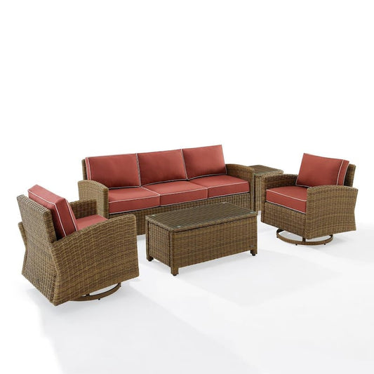 Bradenton Weathered Brown 5-Piece Wicker Patio Conversation Set with Sangria Cushions