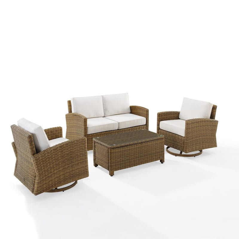 Bradenton Weathered Brown 4-Piece Wicker Patio Conversation Set with White Sunbrella Cushions