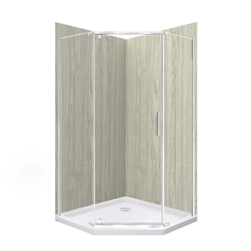 Cove 38 in. L x 38 in. W x 78 in. H 3-Piece Corner Drain Neo Angle Shower Stall Kit in Driftwood and Brushed Nickel