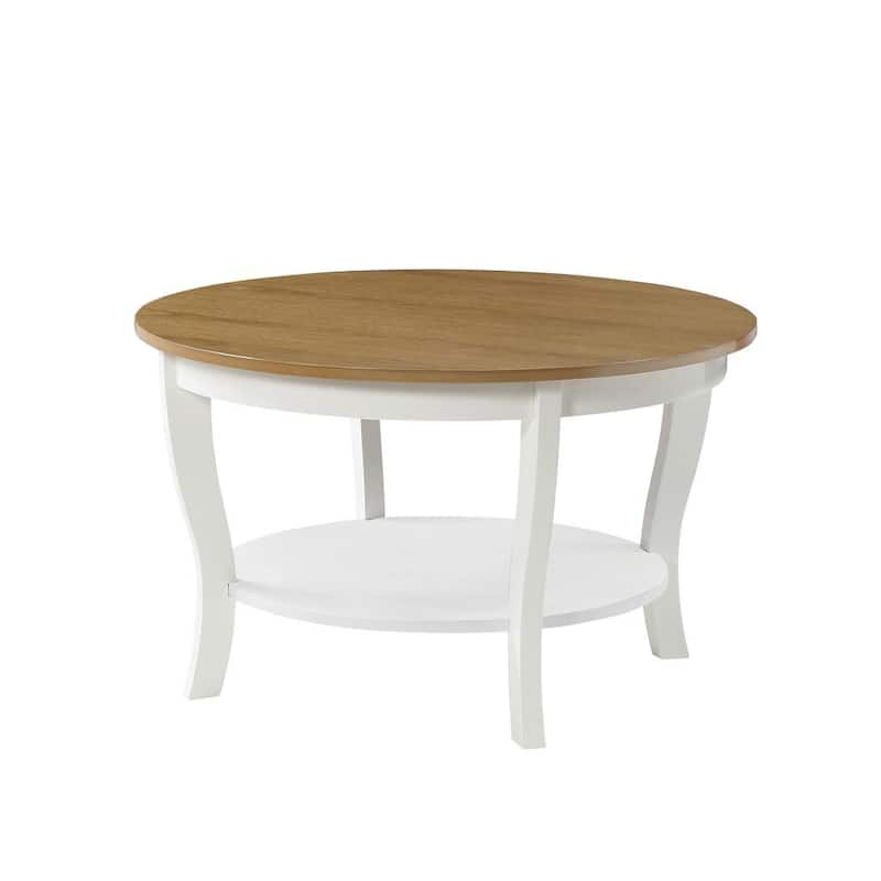 American Heritage 30 in.(L) Driftwood & White 18 in.(H) Round Wood Coffee Table with Shelf