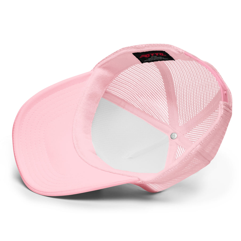 Michelle Mishkin Foam Trucker Embroidered Hat Pink & White