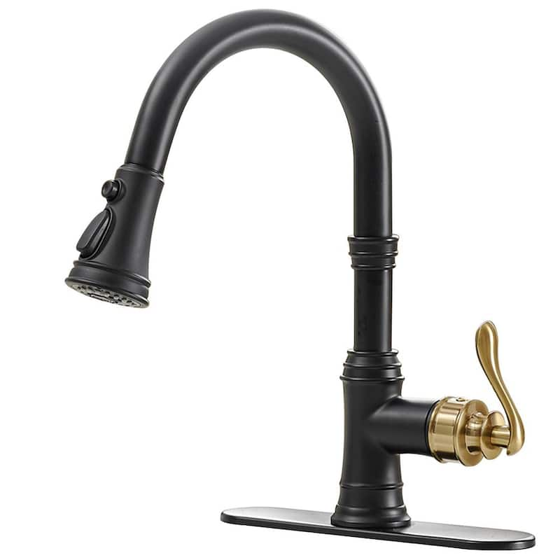 Single-Handle Pull-Down Sprayer 3 Spray High Arc Kitchen Faucet With Deck Plate in Matte Black & Gold