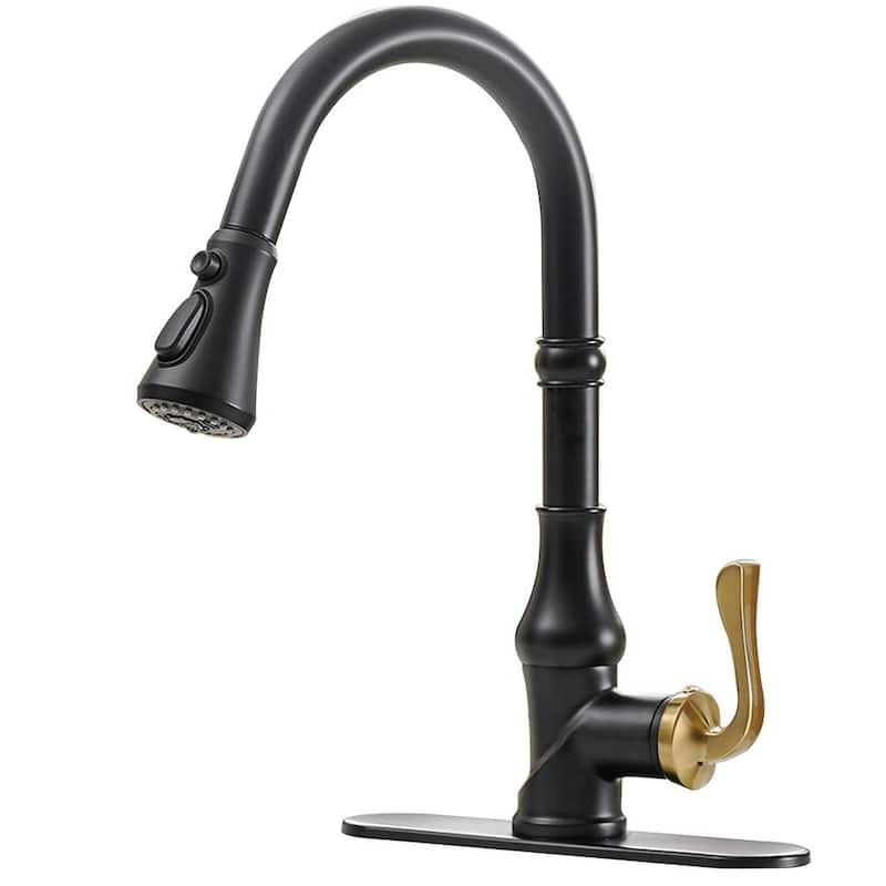 Single-Handle Pull-Down Sprayer 3 Spray High Arc Kitchen Faucet With Deck Plate in Matte Black & Gold