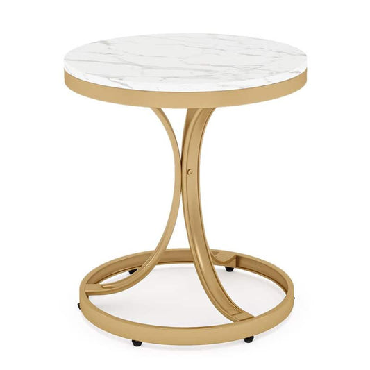 Kerlin 19.6 in. W Gold 23.6 in. H Round Wood End Table with White Faux Marble Top for Living Room, Bedroom