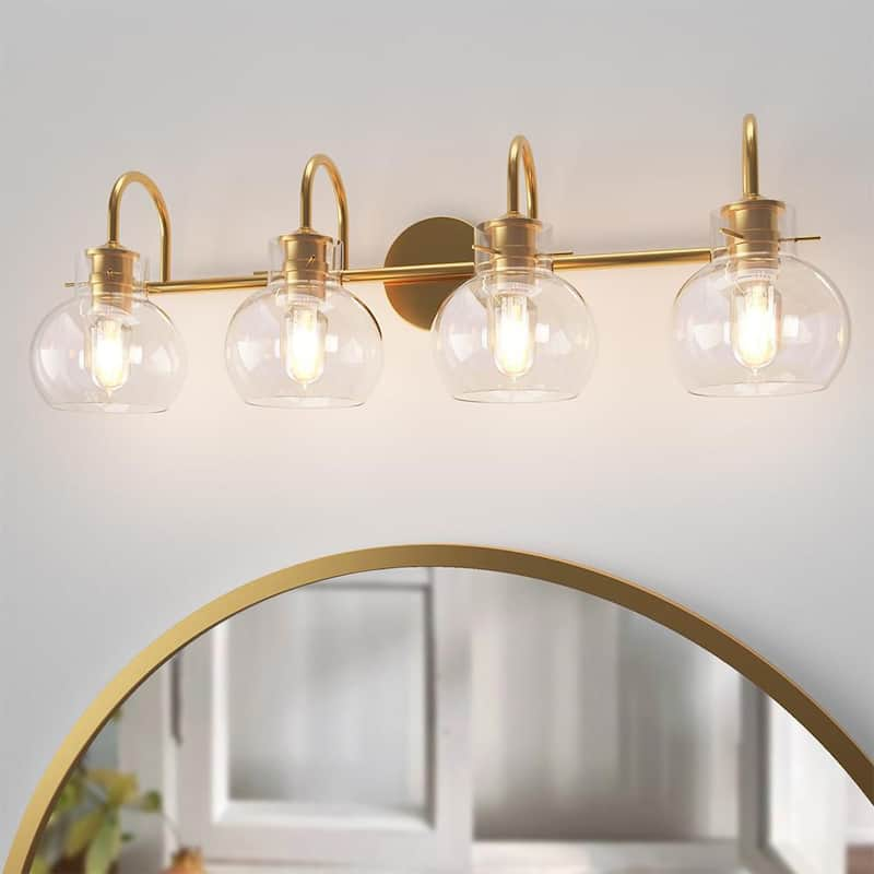 Gold Bathroom Light Fixtures 4-Light 28 in. W x 9 in. H Wall Sconces with Clear Glass Shade Vanity Light in Black