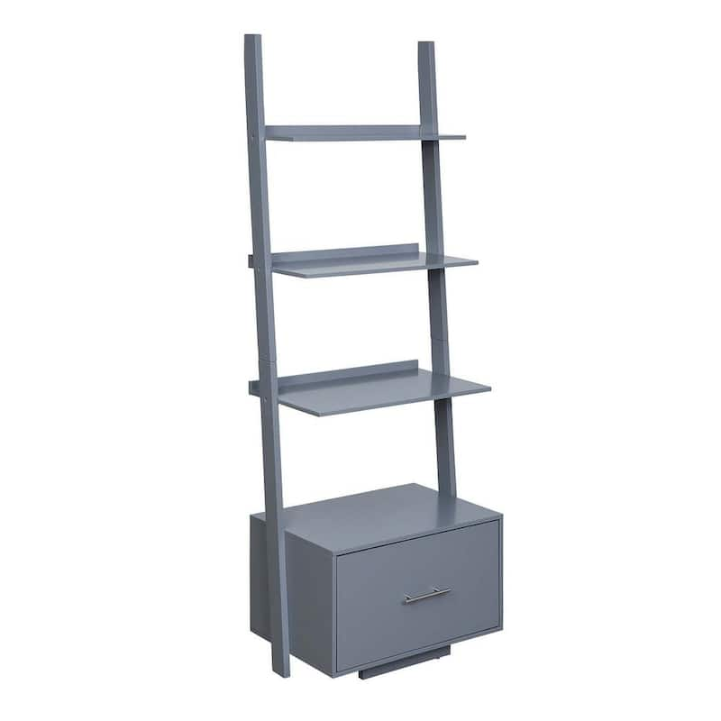 American Heritage 69 in. Gray Wood 4-Shelf Ladder Bookcase with File Drawer