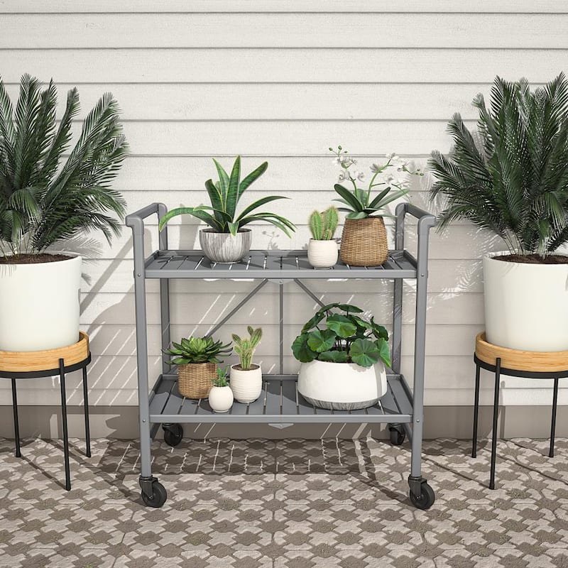 Outdoor and Indoor Folding Serving Cart with Wheels and 2 Slatted Shelves, Gray