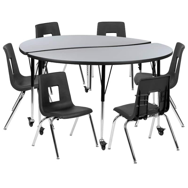 Mobile 60 in. Circle Wave Collaborative Laminate Activity Table Set with 16 in. Student Stack Chairs, Grey/Black