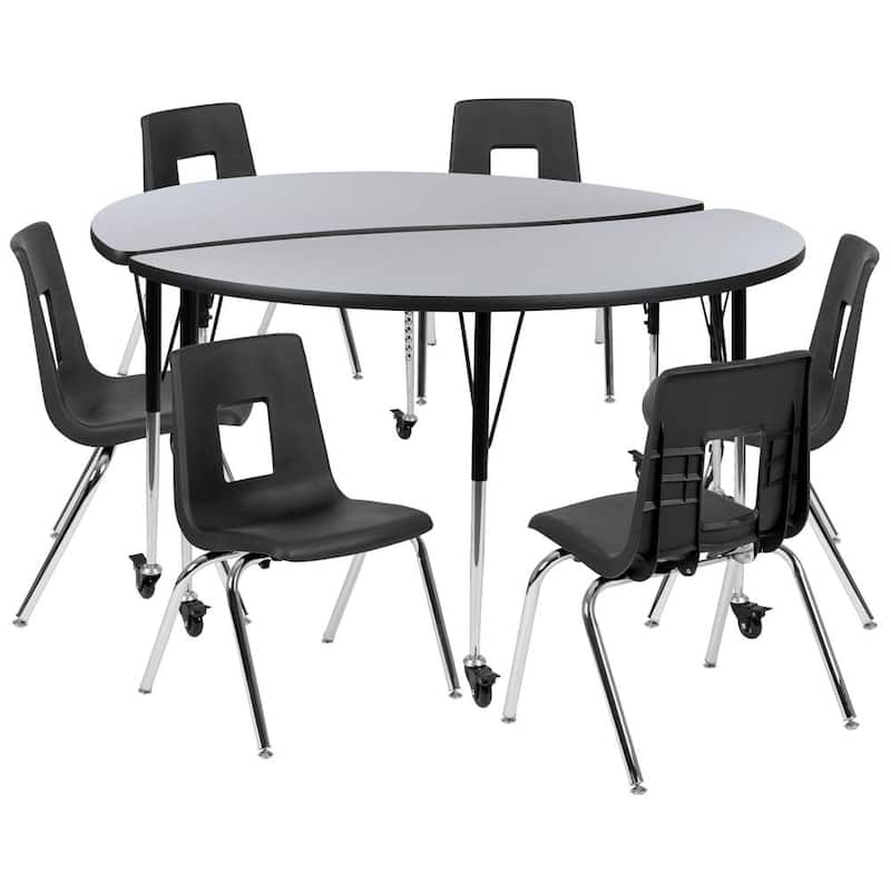 Mobile 60 in. Circle Wave Collaborative Laminate Activity Table Set with 18 in. Student Stack Chairs, Grey/Black