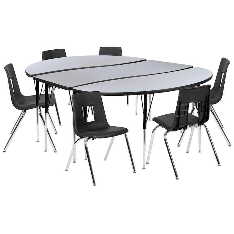 86 in. Oval Wave Collaborative Laminate Activity Table Set with 18 in. Student Stack Chairs, Grey/Black