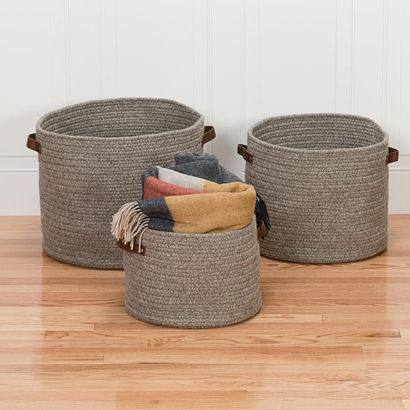 Monaco 16 in. x 16 in. x 12 in. Grey Round Natural Wool Braided Basket