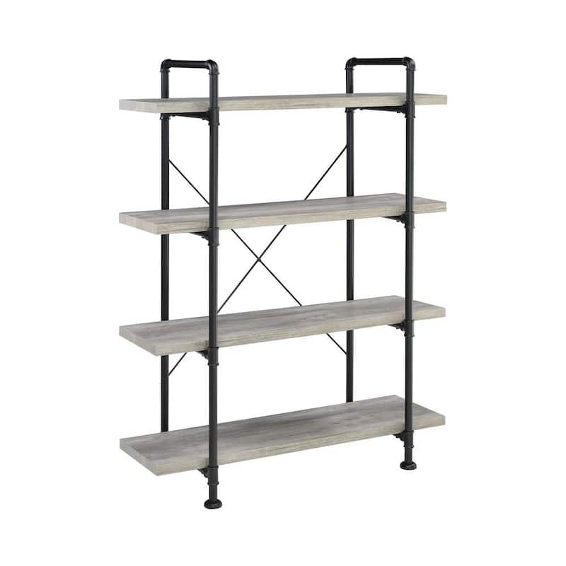 Delray 55.75 in. Grey Driftwood and Black 4-Shelf Etagere Bookcase