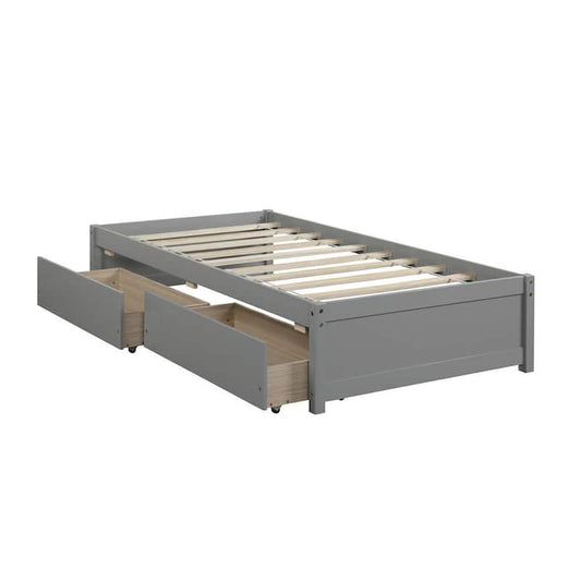 Grey Twin Platform Bed with 2 Storage Drawers