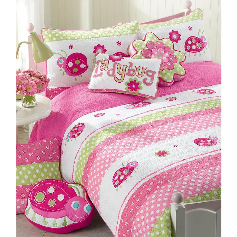 Polka Dot Floral Embroidered Lady Bug Stripe 5-Piece Pink Green White Cotton Twin Quilt Bedding Set w/3-Decor Pillows