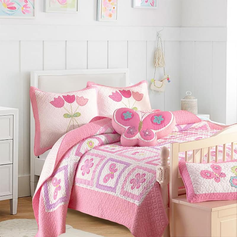 Floral Butterfly Garden Blooms Tulip Daisy Pink Purple White 4-Piece Cotton Twin Quilt Bedding Set with 2-Decor Pillows