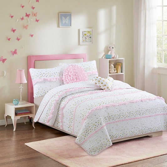 Sweet Heart Polka Dot Pink Gold Silver Ruffle Cotton Queen Quilt Bedding Set