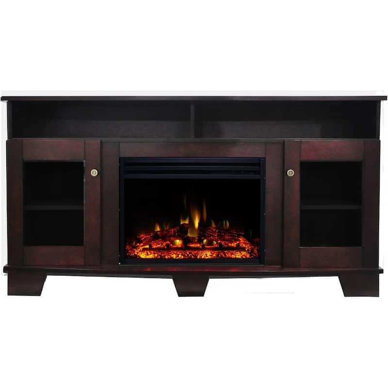 Savona 59 in. Electric Fireplace Heater TV Stand in Mahogany with Enhanced Log Display and Remote