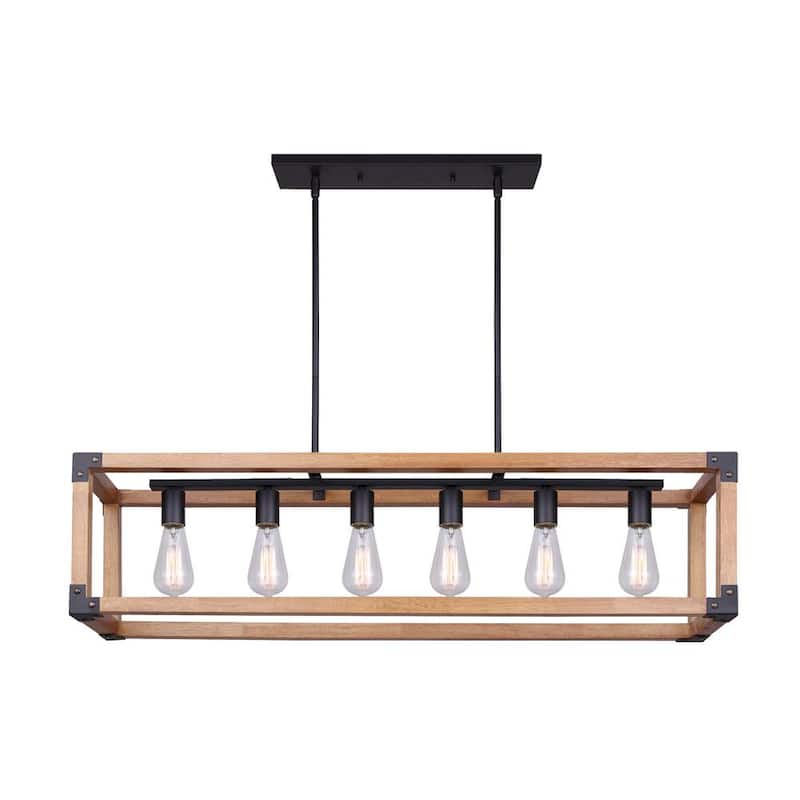 Moss 6-Light Matte Black and Real Wood Chandelier