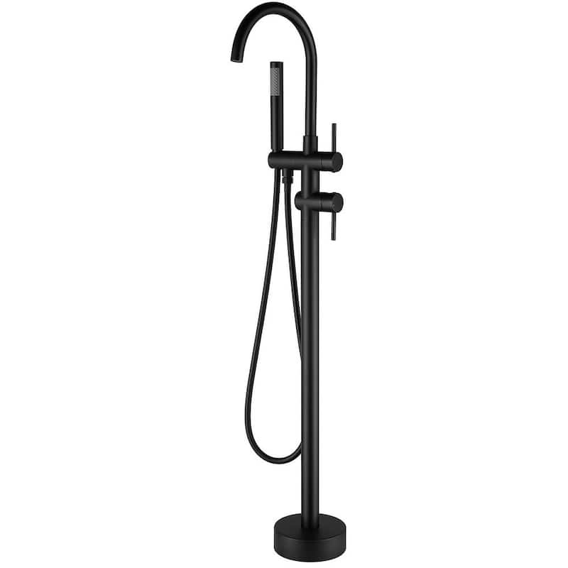 Double-Handle Freestanding Floor Mount Roman Tub Faucet Bathtub Filler with Hand Shower in Matte Black