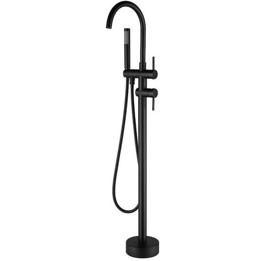 Double-Handle Freestanding Floor Mount Roman Tub Faucet Bathtub Filler with Hand Shower in Matte Black