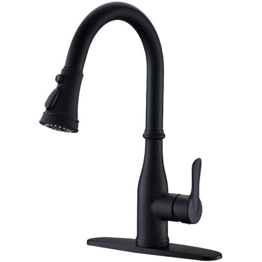 Single-Handle Pull-Down Sprayer 3 Spray High Arc Kitchen Faucet With Deck Plate in Matte Black