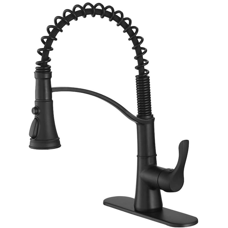 Single Handle 3 Spray High Arc Pull Down Sprayer Kitchen Faucet With Deck Plate in Matte Black