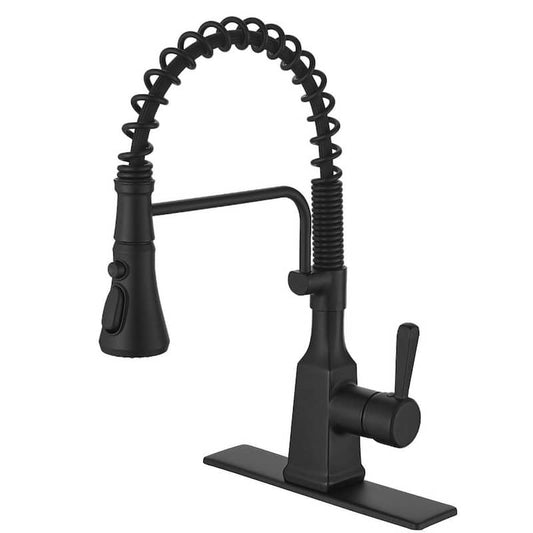 Single-Handle Pull-Down Sprayer 3 Spray High Arc Kitchen Faucet With Deck Plate in Matte Black