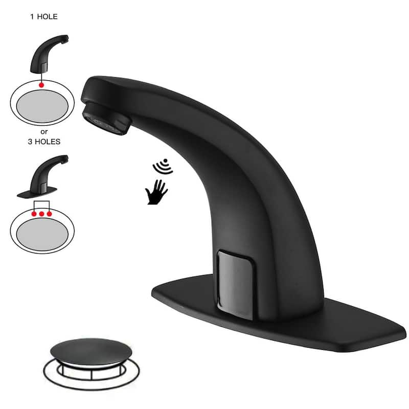 DC Powered Commercial Touchless Single Hole Bathroom Faucet With Deck Plate & Pop Up Drain In Matte Black