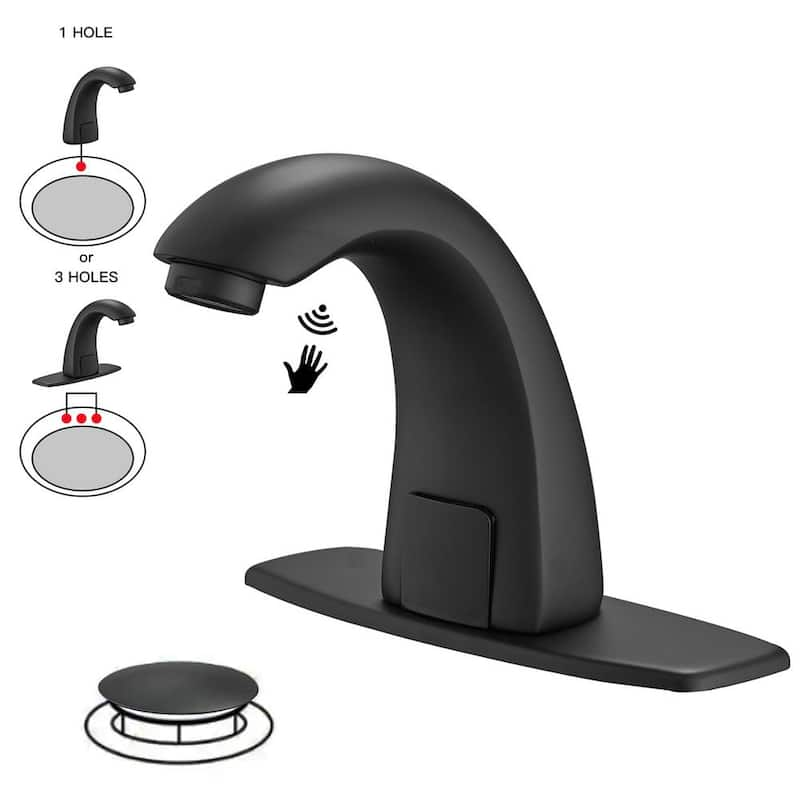 DC Powered Commercial Touchless Single Hole Bathroom Faucet With Deck Plate & Pop Up Drain In Matte Black